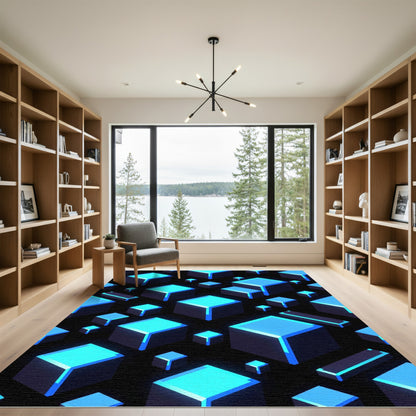 Neon Blue Isometric Cubic Grid Rug