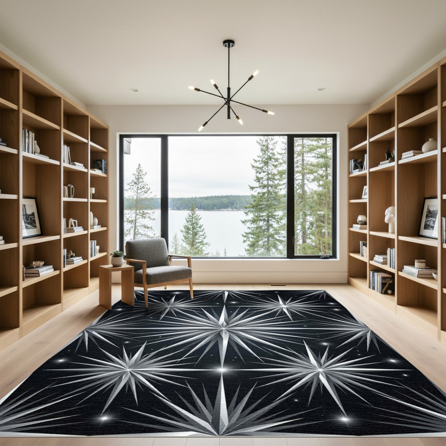 Monochrome Celestial Starburst Geometric Art Rug