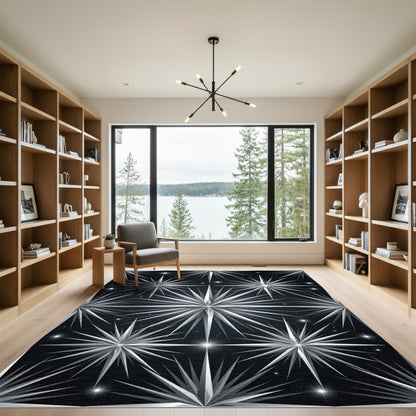 Monochrome Celestial Starburst Geometric Art Rug