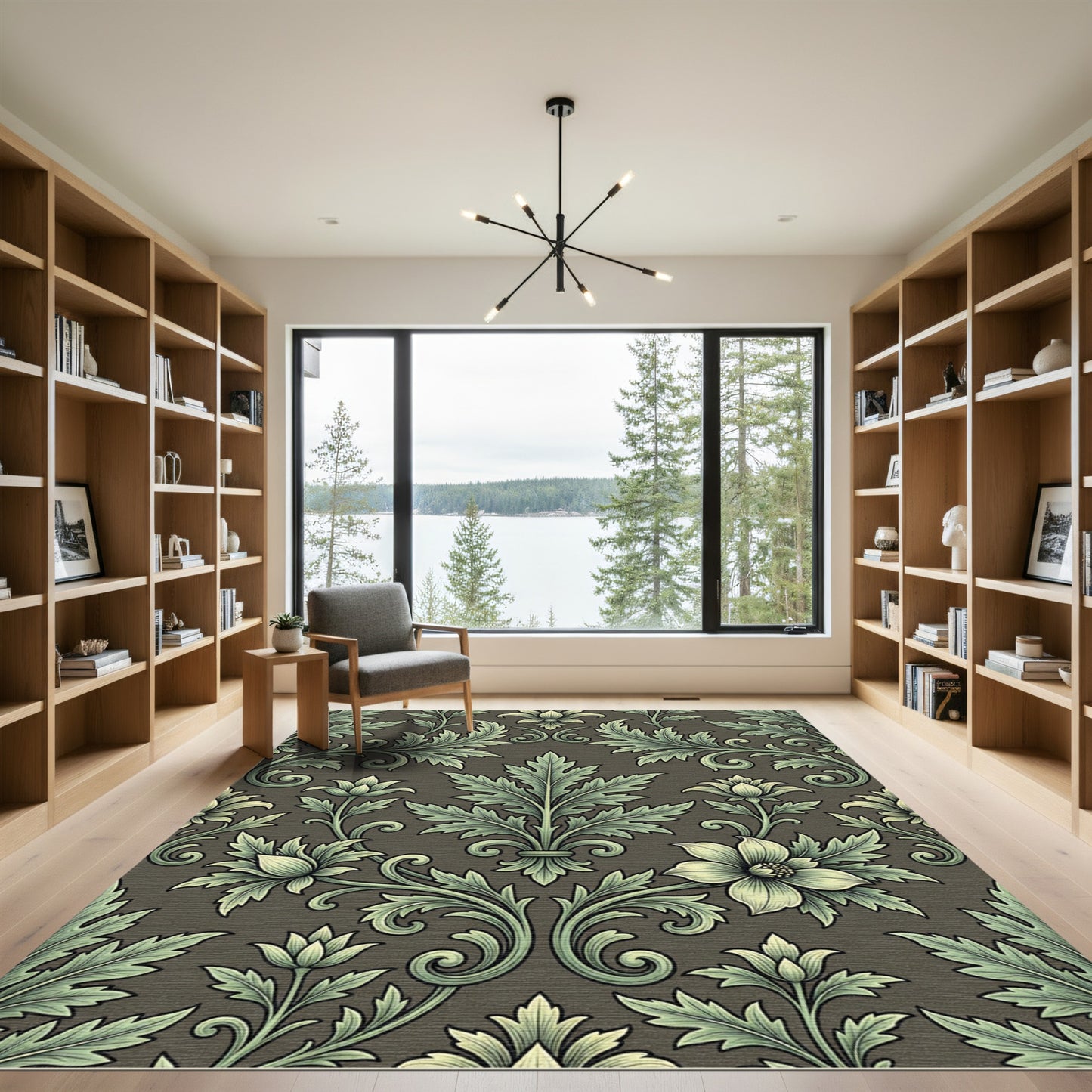 Sage Green Victorian Damask Scroll Rug