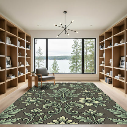 Sage Green Victorian Damask Scroll Rug
