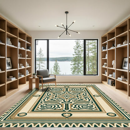 Elegant Taupe Black Geometric Medallion Rug
