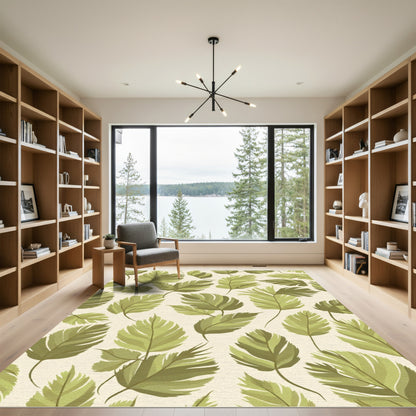 Earthy Green Fern Leaf Pattern Rug