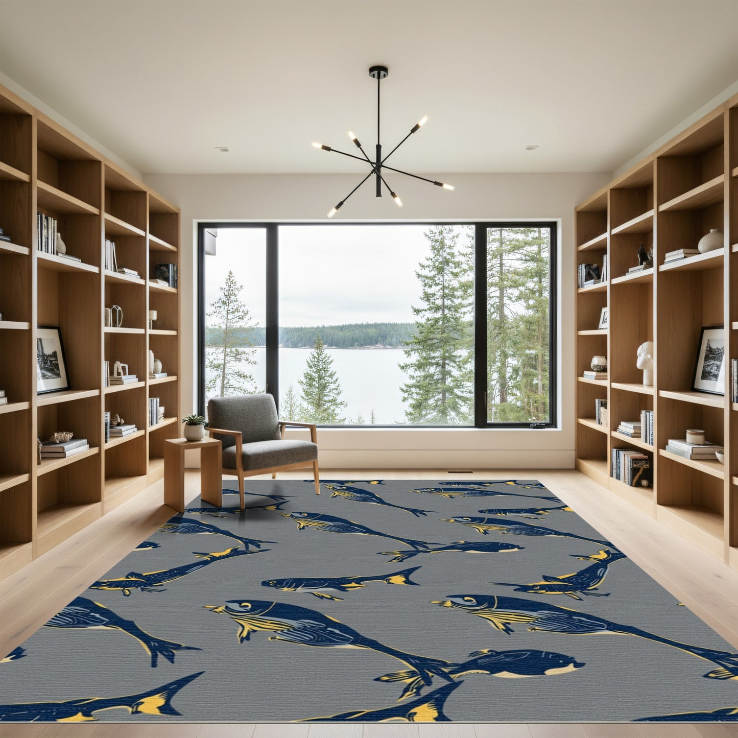 Deep Blue Yellow Fish School Rug