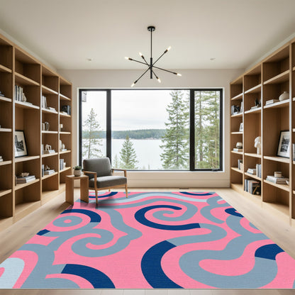 Pink Blue Gray Swirling Curves Rug