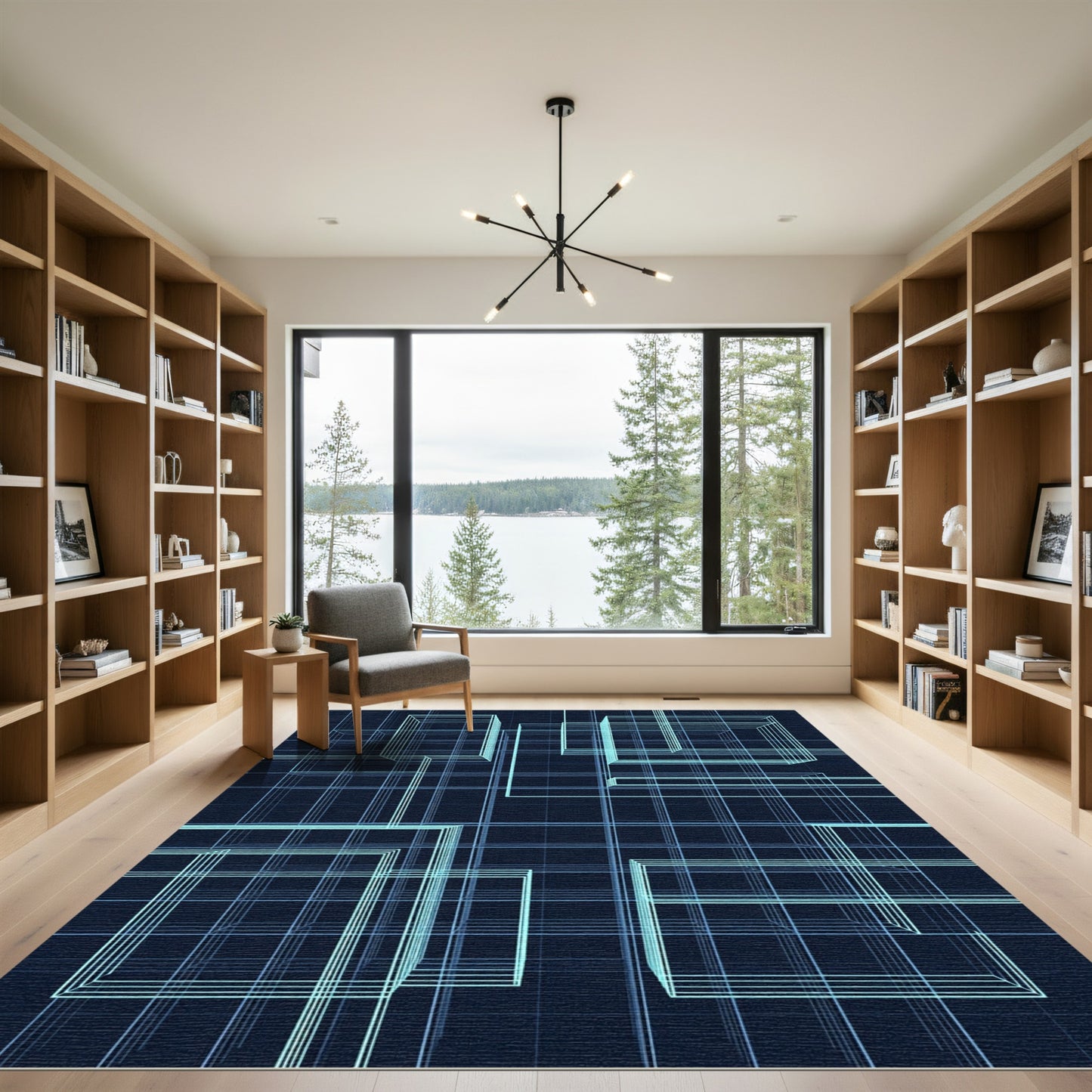 Electric Blue Wireframe Cube Grid Rug