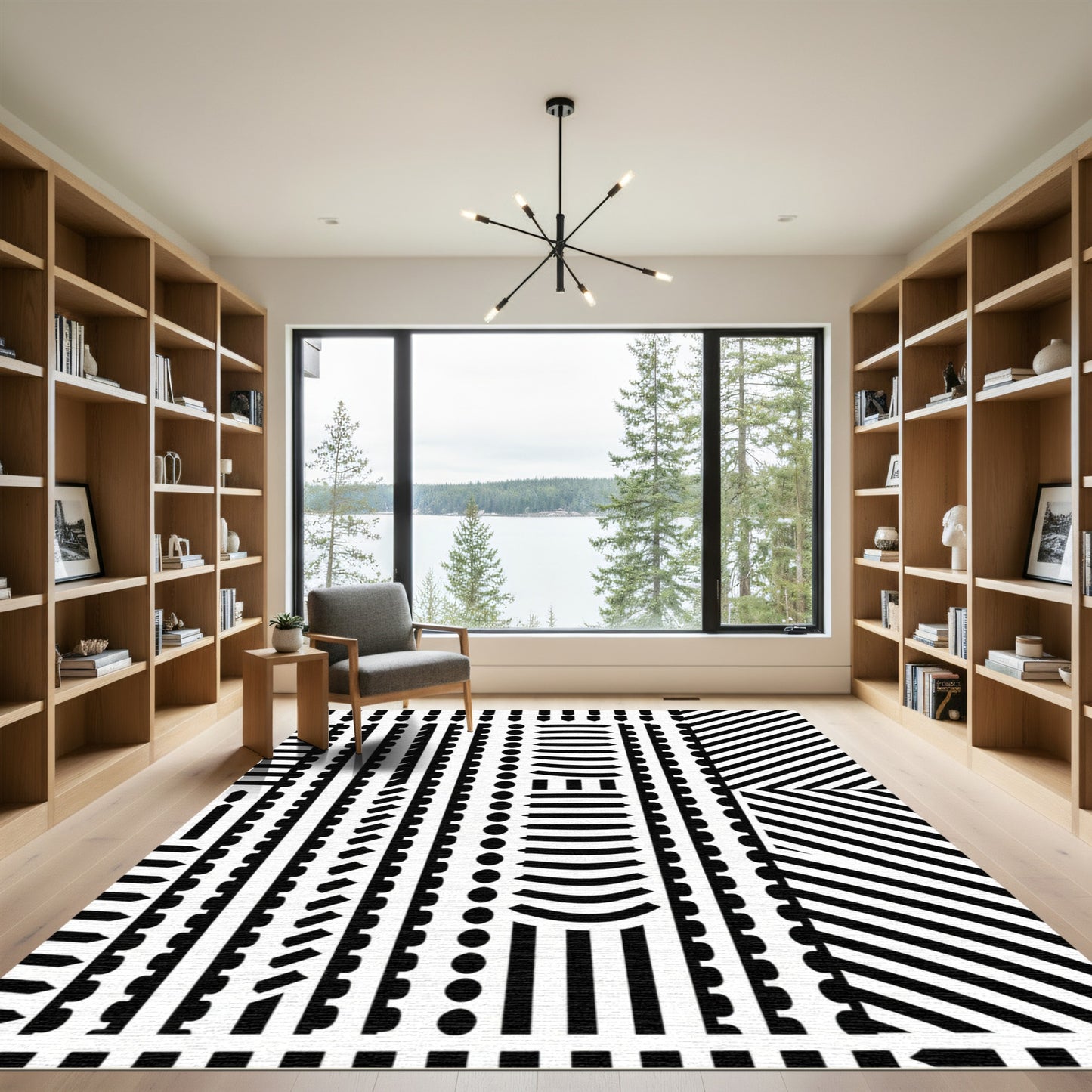 Black And White Geometric Stripe Composition Rug