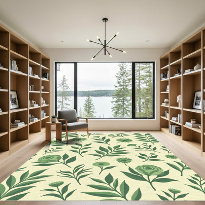 Verdant Green Floral Garden Illustration Rug