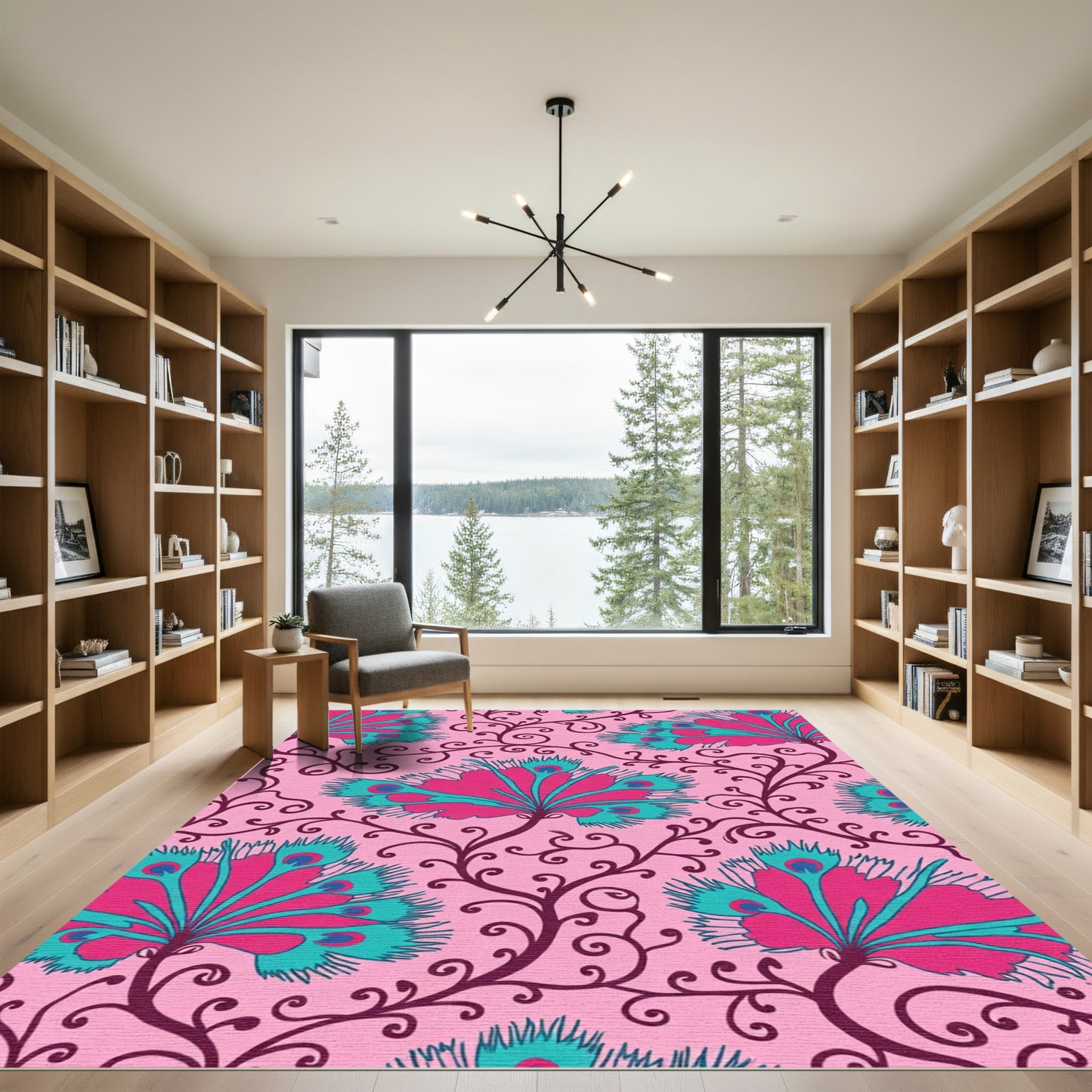 Pink Peacock Feather Floral Scroll Rug