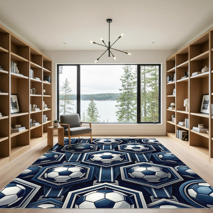 Geometric Navy Blue Soccer Hexagon Rug