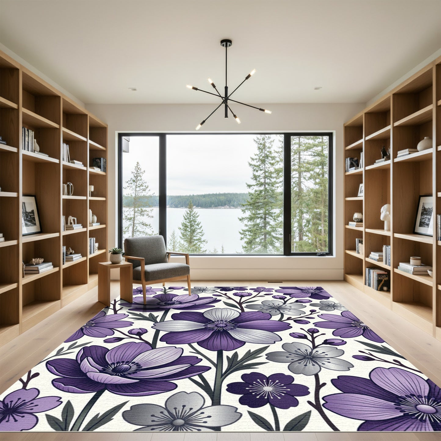 Purple Silver Floral Branch Arrangement Rug