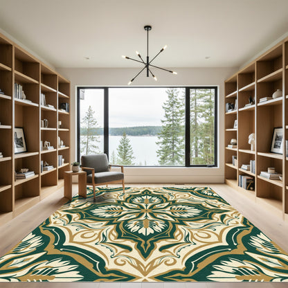 Dark Green Gold Cream Floral Mandala Rug