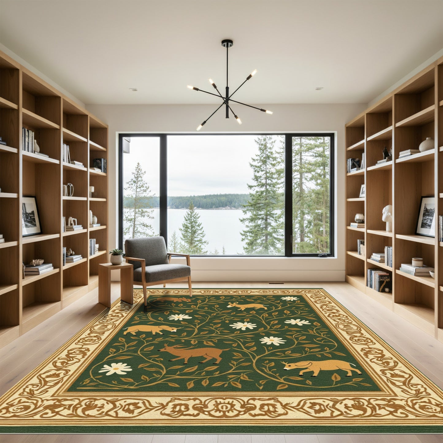 Golden Deer Floral Vine Border Rug