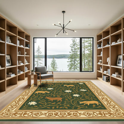 Golden Deer Floral Vine Border Rug
