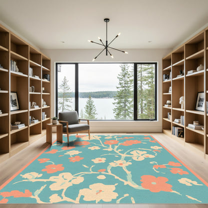 Coral Blossom Branches on Teal Background Rug