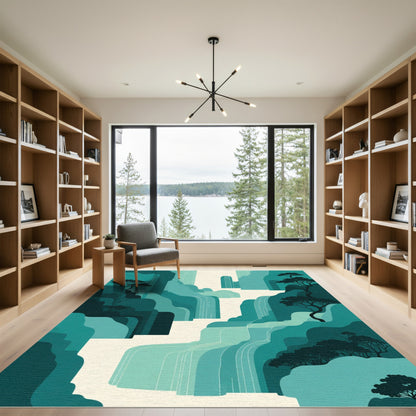 Teal Green Waterfall Mountain Landscape Rug