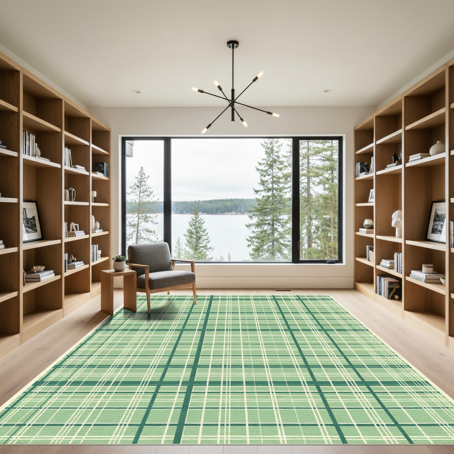 Green Cream Vertical Horizontal Plaid Rug