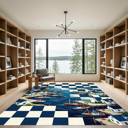Coastal Harbor Nautical Checkerboard Scene Rug