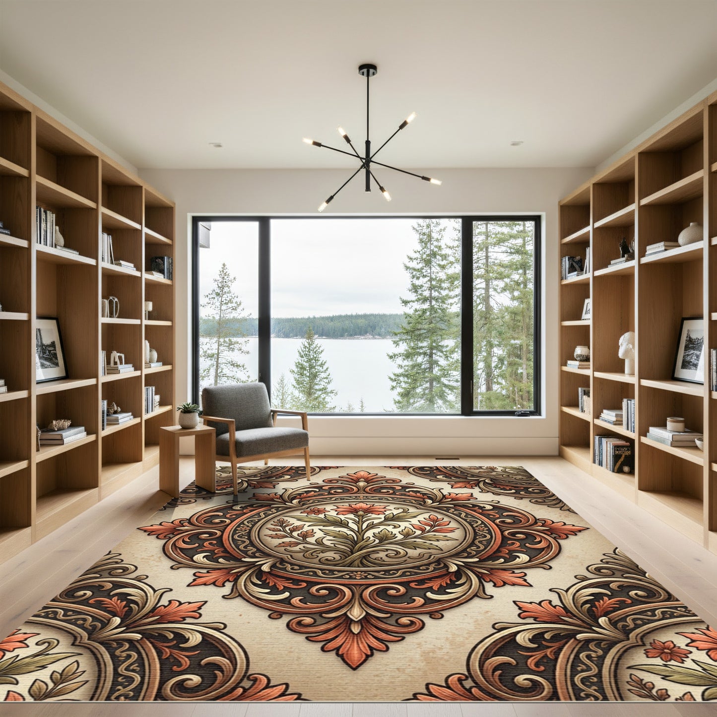 Terracotta Floral Medallion Ornate Scrollwork Rug