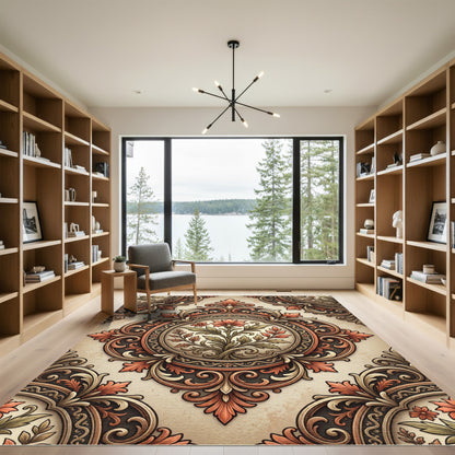 Terracotta Floral Medallion Ornate Scrollwork Rug