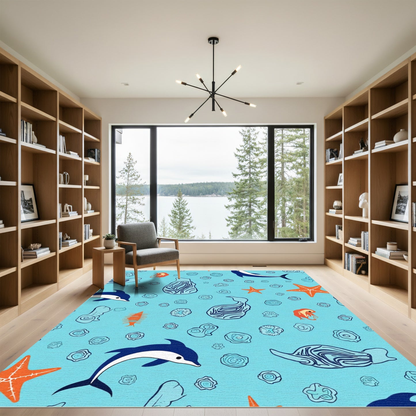 Marine Life Blue Starfish Dolphin Creatures Rug