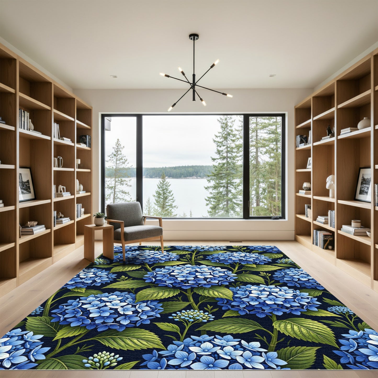 Lush Midnight Blue Hydrangea Blossom Floral Rug