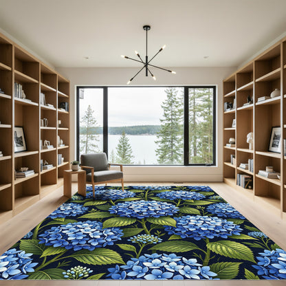Lush Midnight Blue Hydrangea Blossom Floral Rug