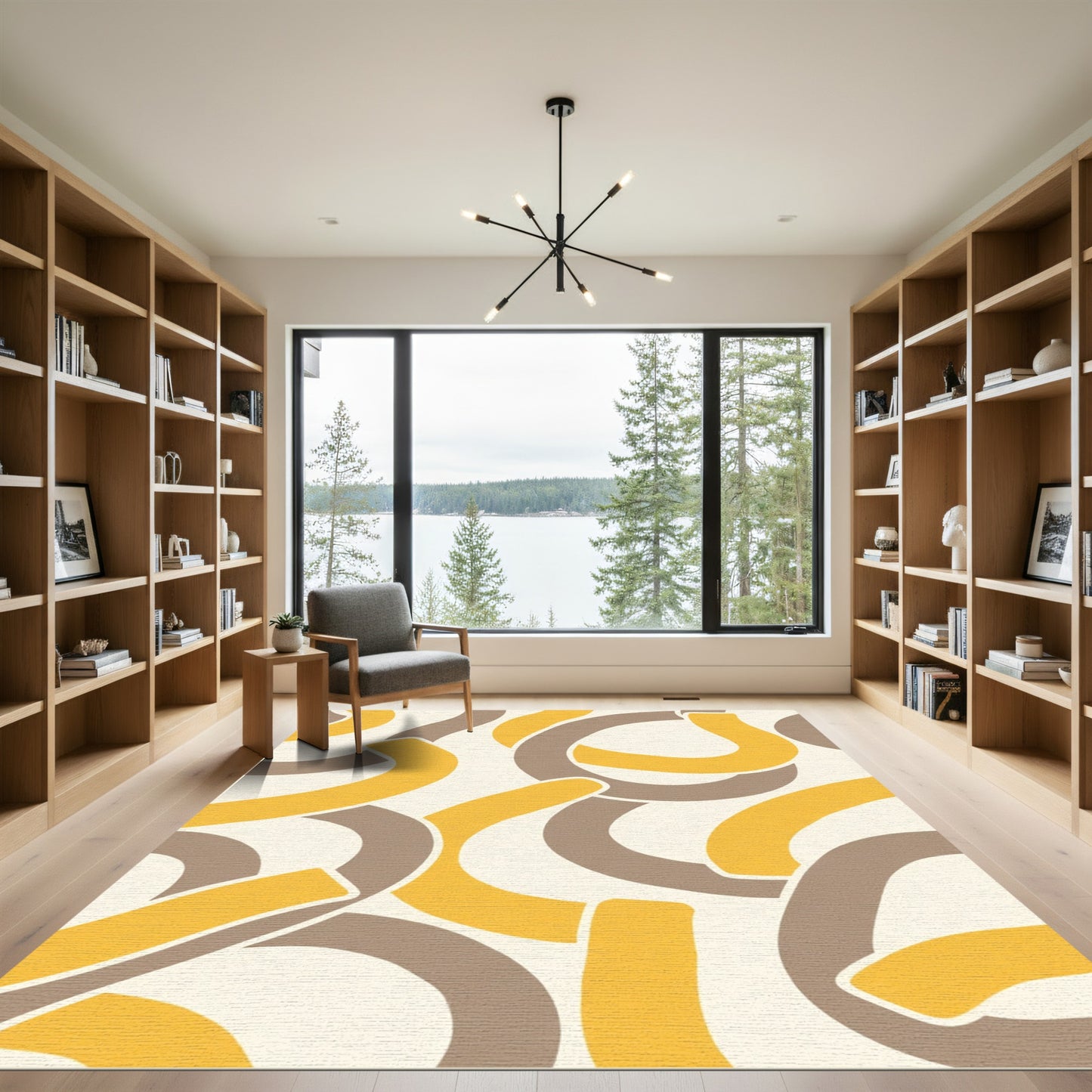 Curving Ocher Gray Abstract Strokes Rug