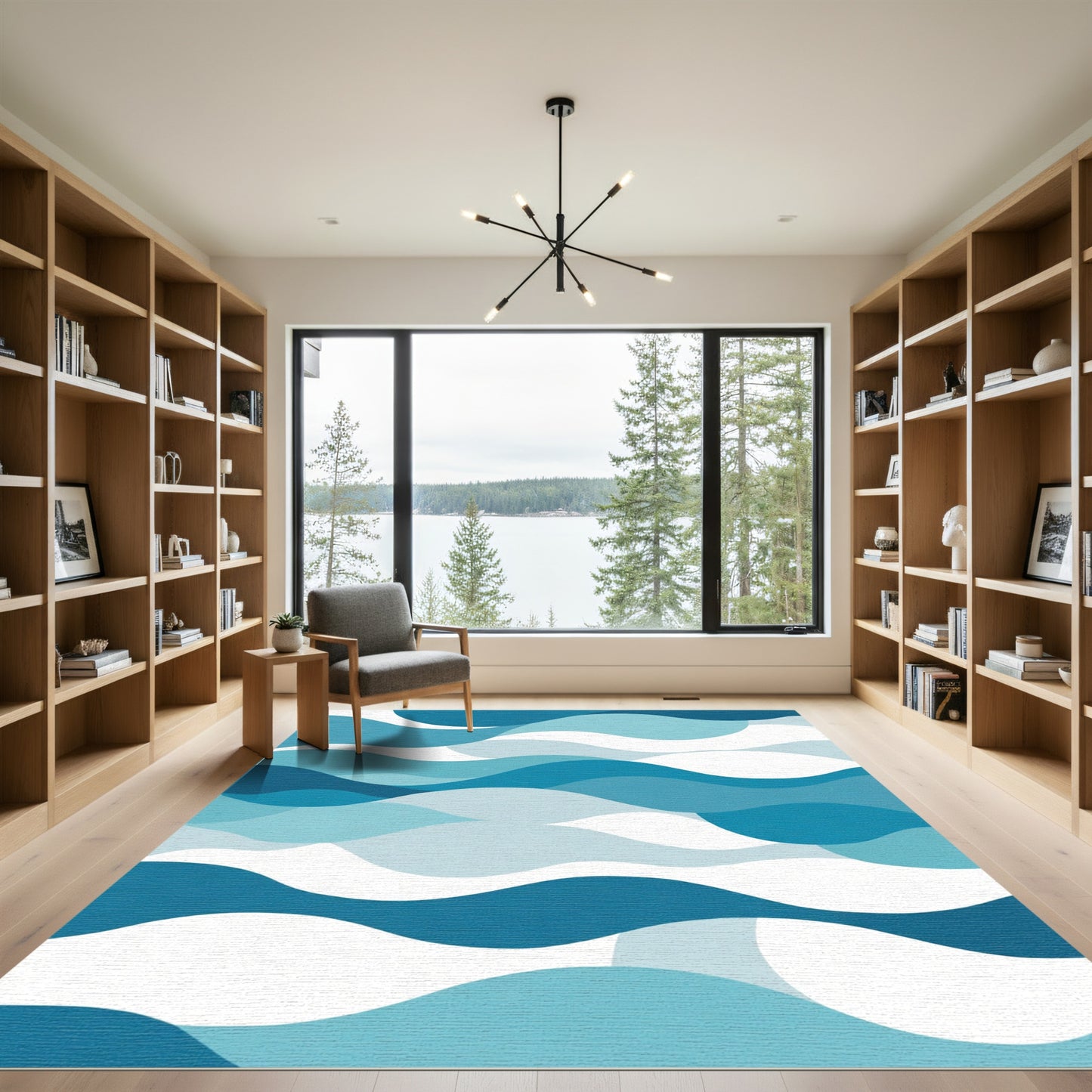 Aqua Blue Layered Wave Abstract Rug