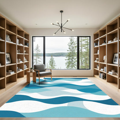 Aqua Blue Layered Wave Abstract Rug