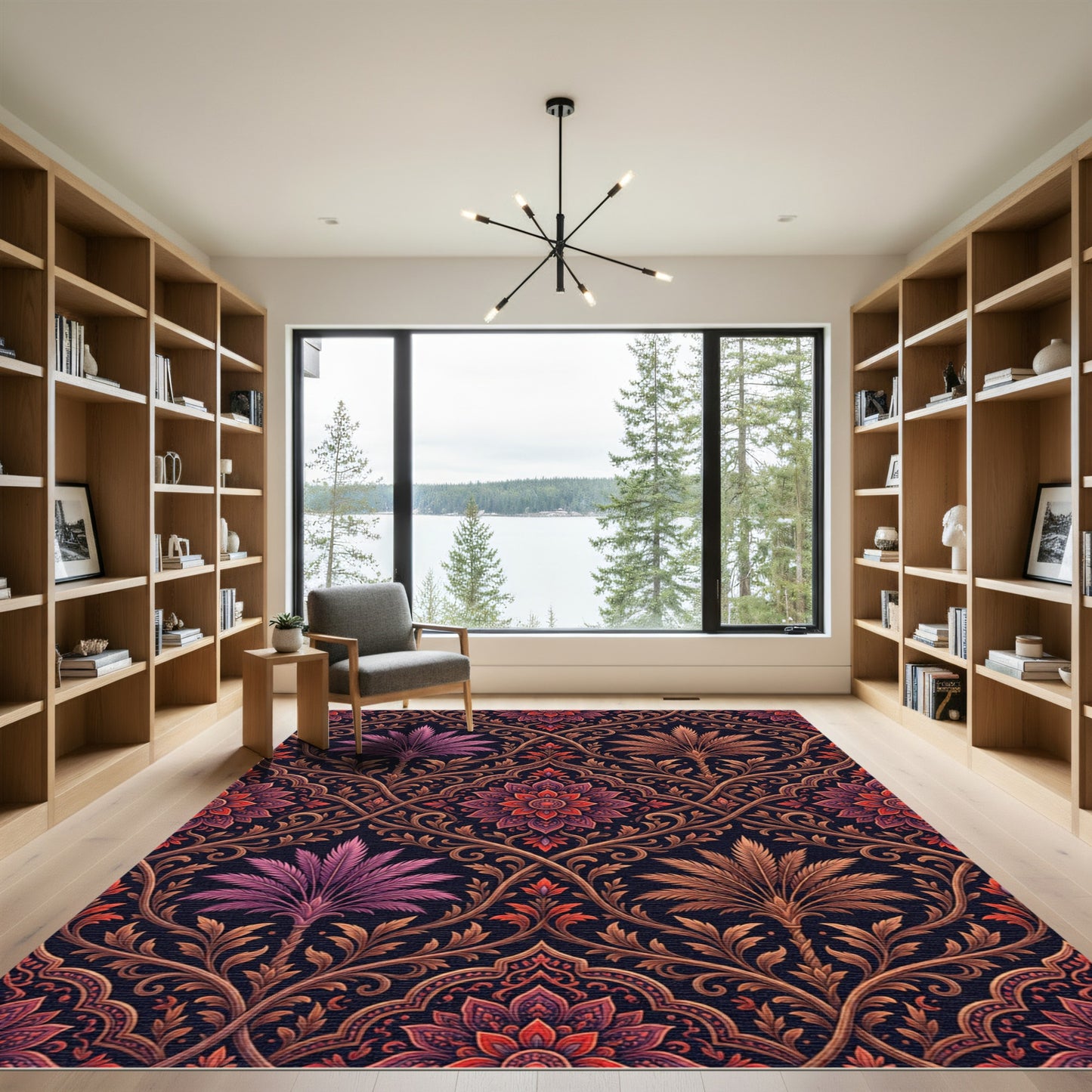 Ornate Crimson Palm Medallion Damask Rug