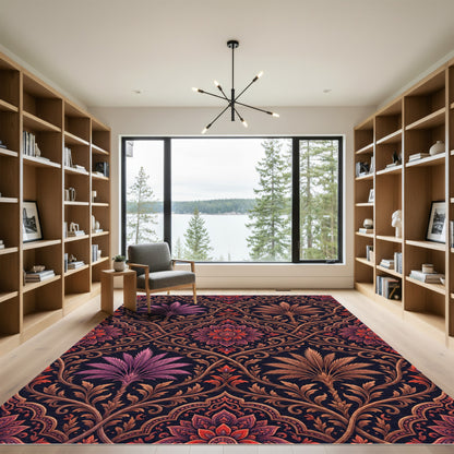 Ornate Crimson Palm Medallion Damask Rug