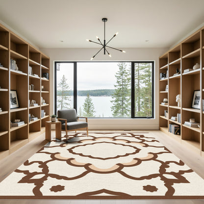 Cream and Brown Abstract Scalloped Geometric Rug