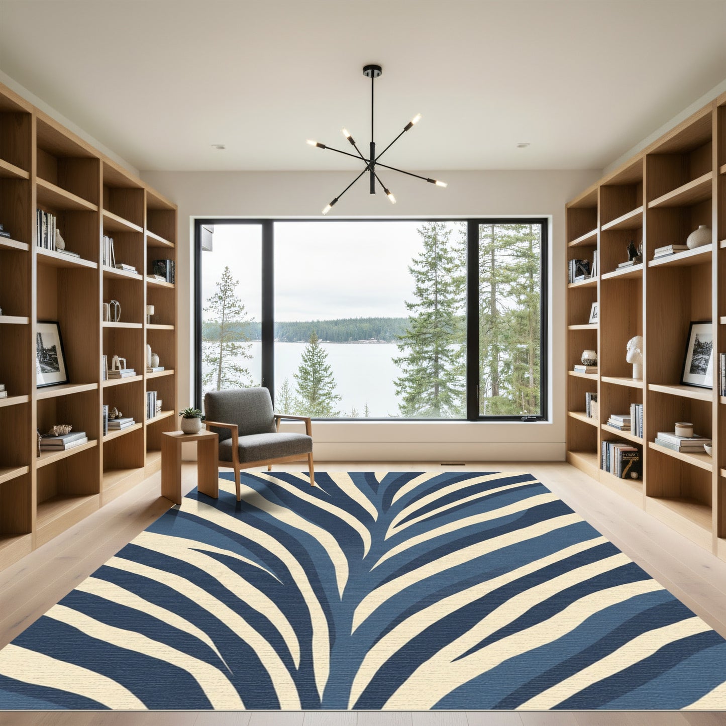 Deep Blue Cream Stripe Abstract Rug