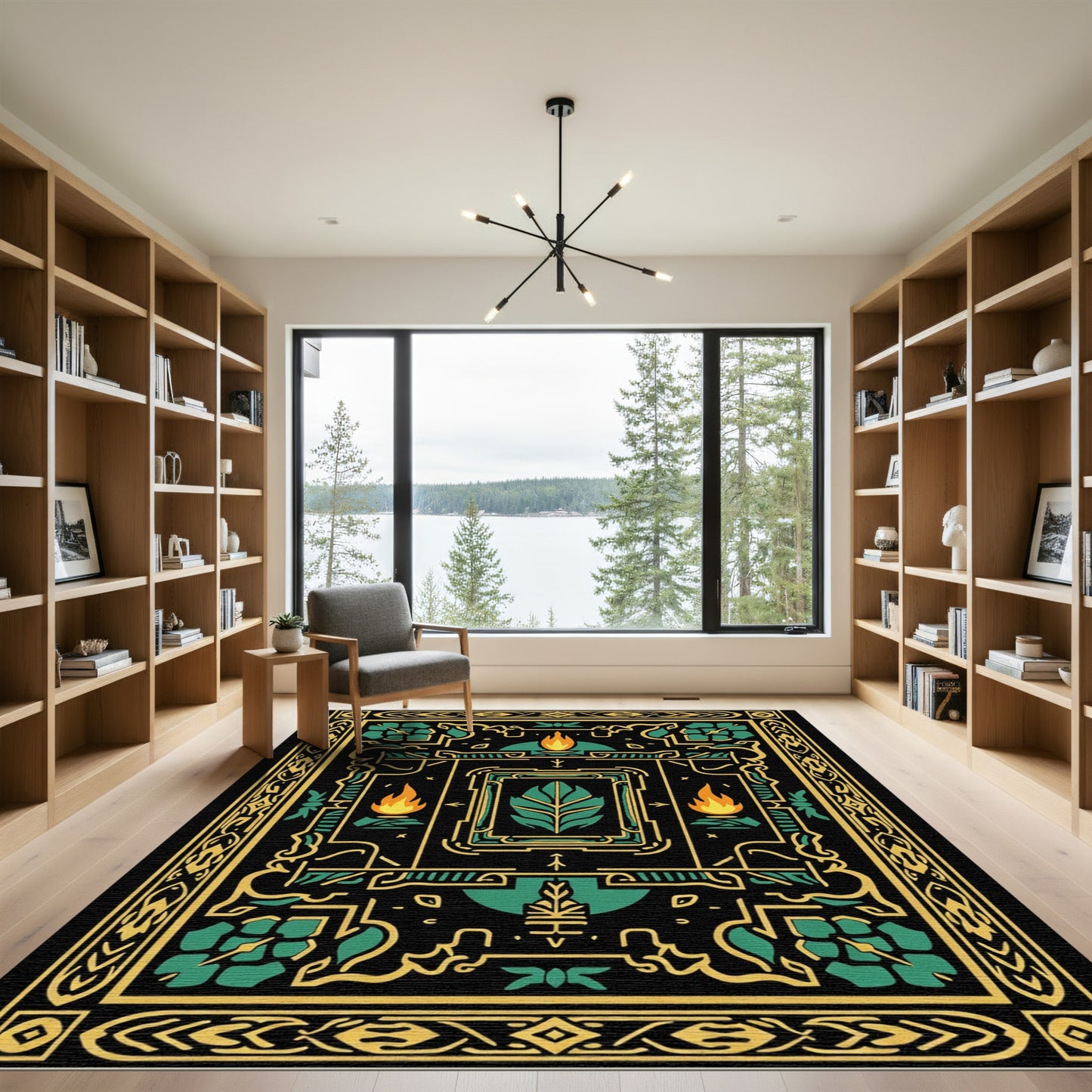 Black Teal Gold Geometric Fireleaf Rug