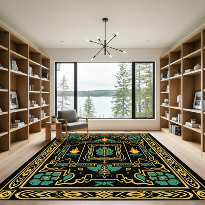 Black Teal Gold Geometric Fireleaf Rug