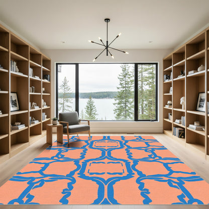 Coral Blue Geometric Lattice Rug