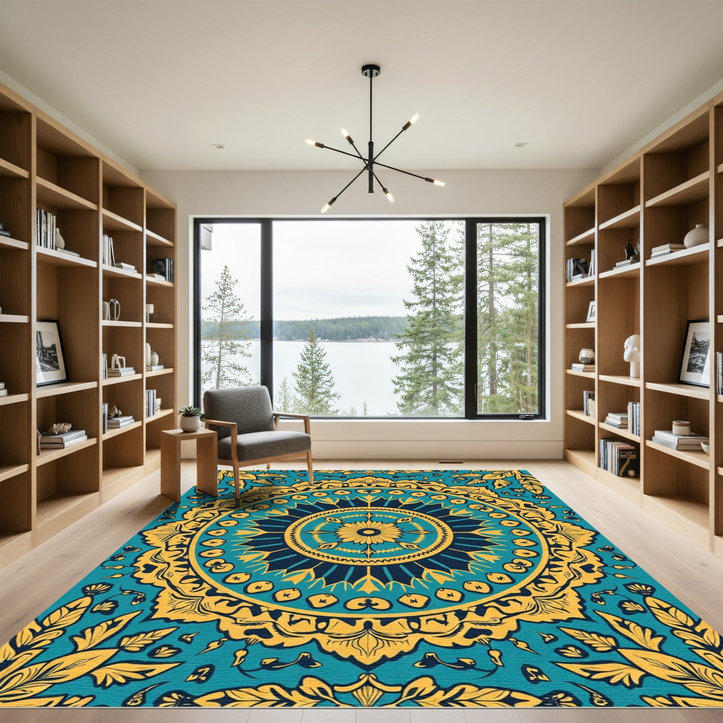 Teal Yellow Floral Mandala Rug