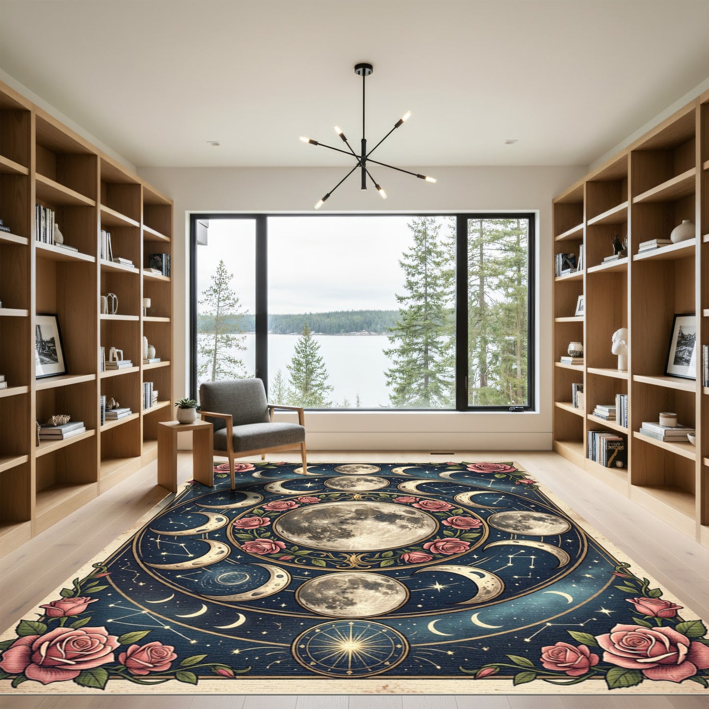 Celestial Moon Phase Rose Bouquet Rug