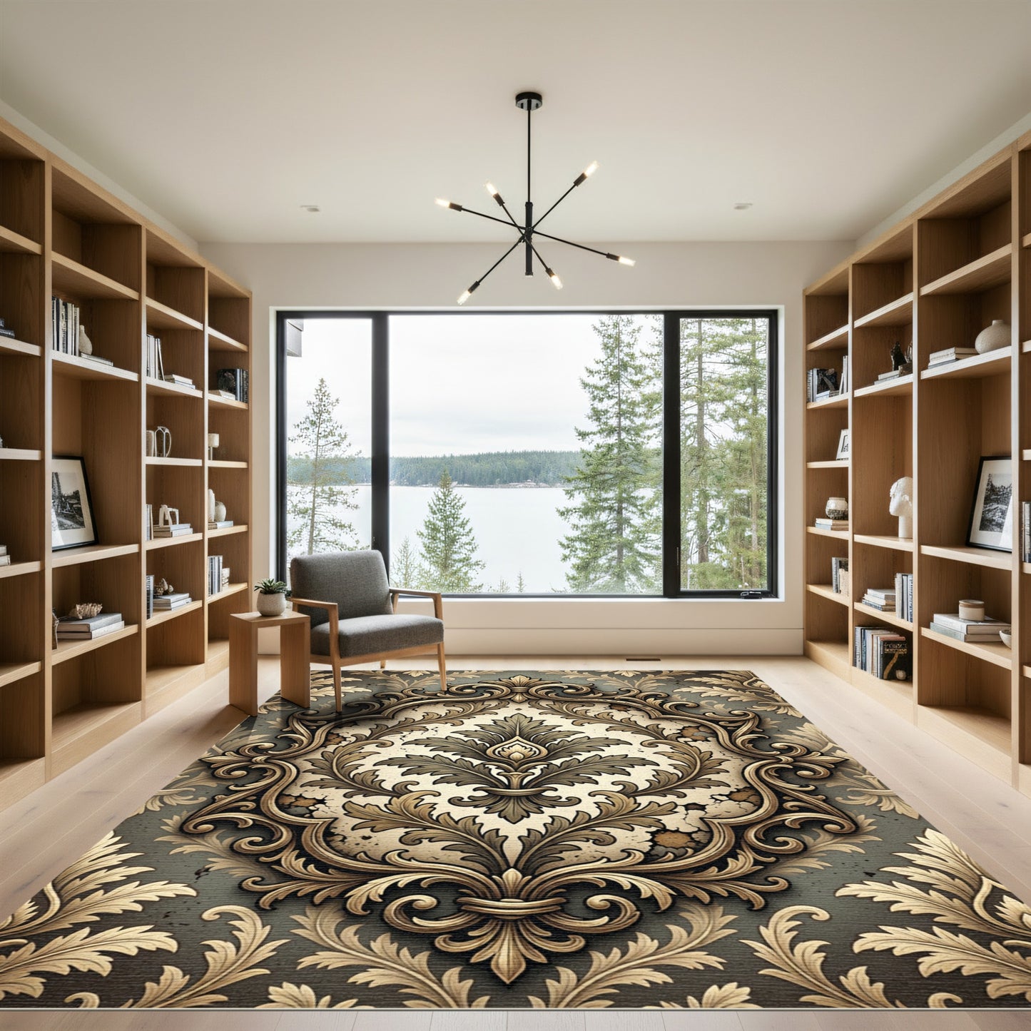 Ornate Damask Scroll Taupe Floral Medallion Rug