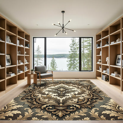 Ornate Damask Scroll Taupe Floral Medallion Rug