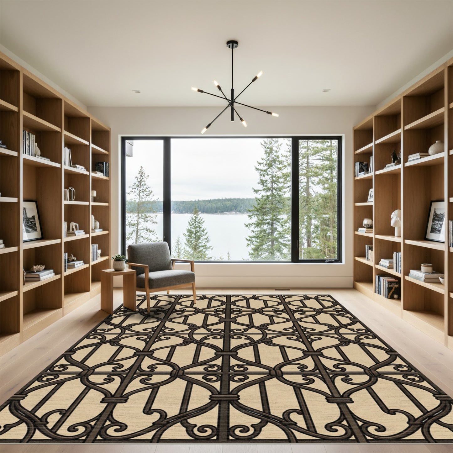 Ornate Scrollwork Lattice Brown Beige Rug