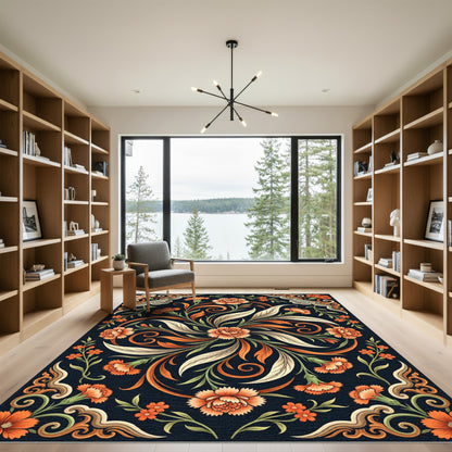 Orange Floral Swirl Scrollwork Rug