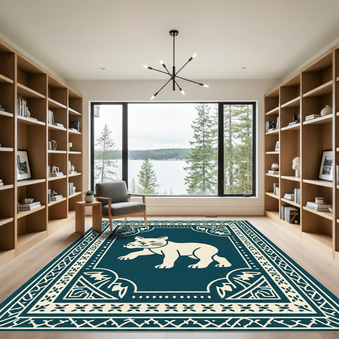 Cream Feline Deep Blue Border Rug