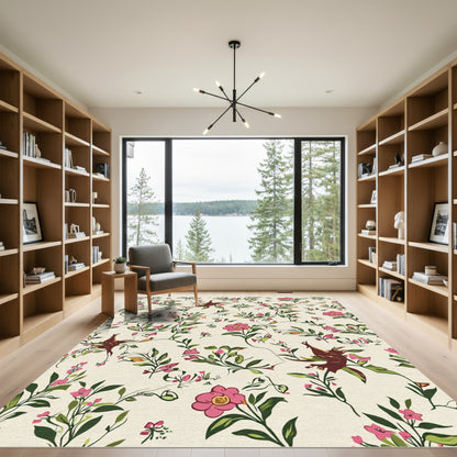 Whimsical Pink Floral Avian Garden Rug