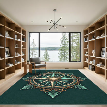 Ornate Teal and Gold Compass Medallion Rug