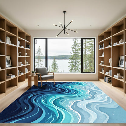 Deep Blue Ocean Swirl Wave Rug