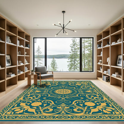 Teal And Gold Floral Medallion Rug
