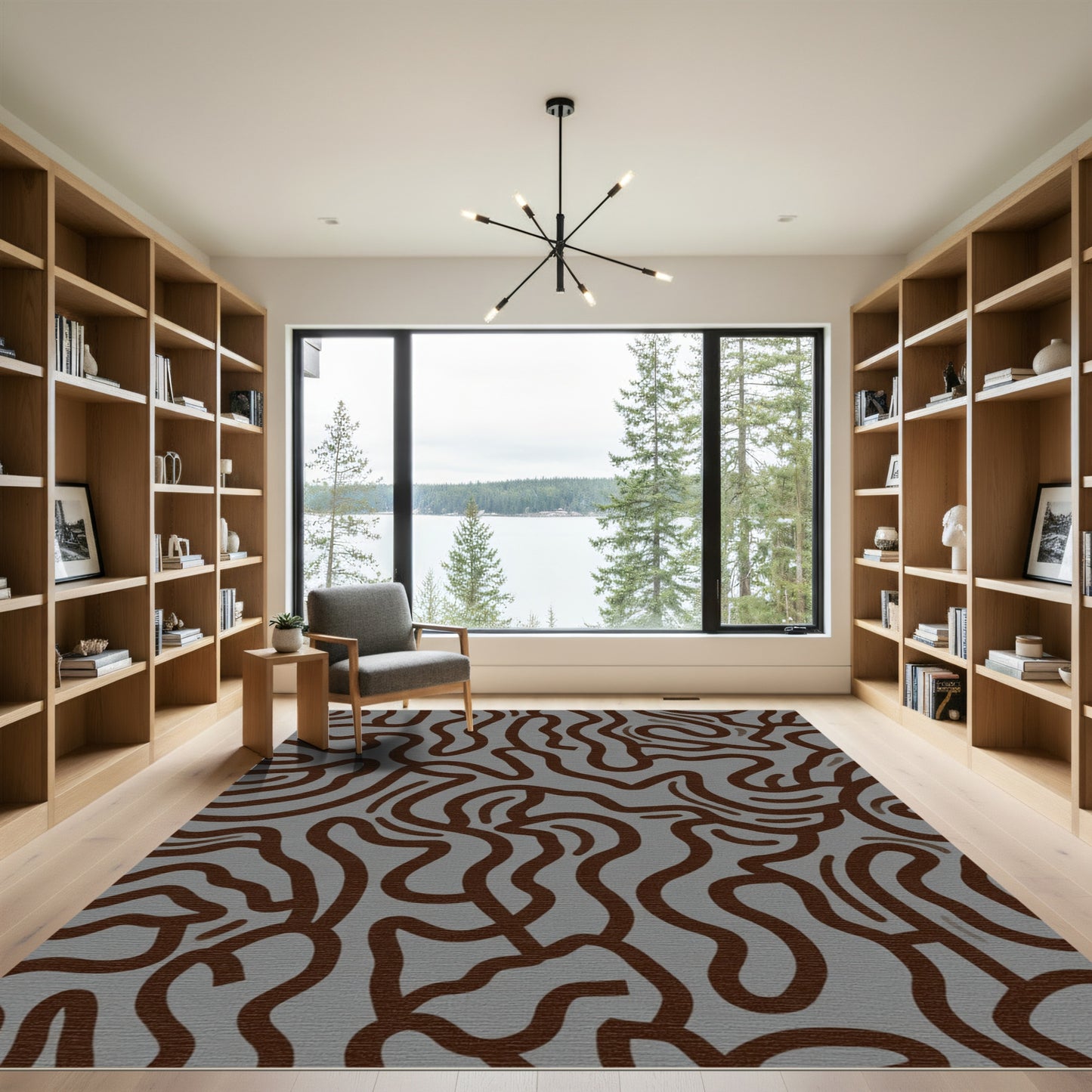 Brown Wavy Lines Gray Overlay Rug