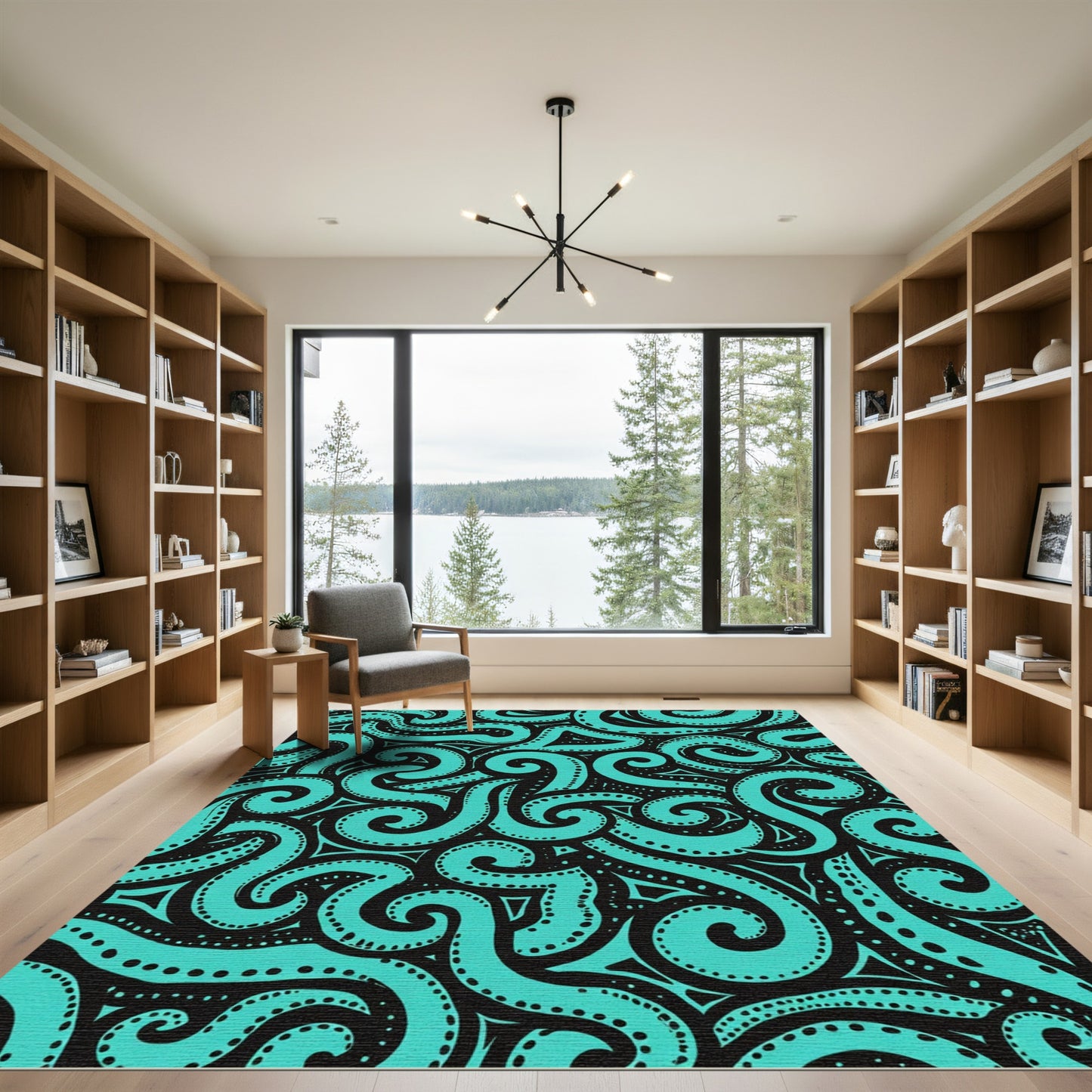 Teal Swirl Tribal Black Rug